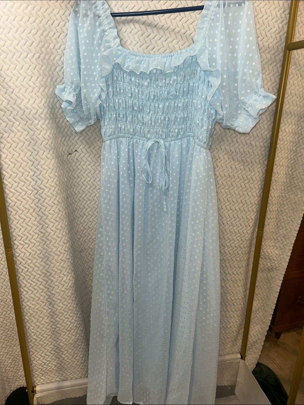 Light Blue Smocked Puff-Sleeve Girls' Dress